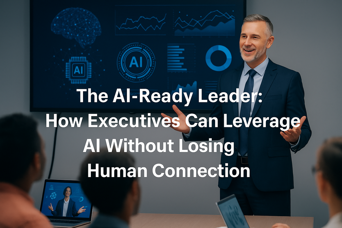 Executive leader presenting with AI data visualization.