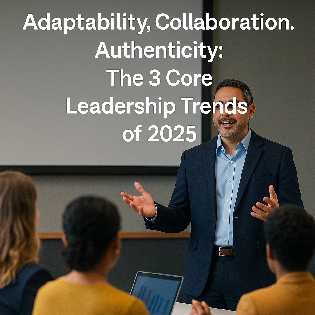 Diverse business leaders collaborating in a modern hybrid workplace.