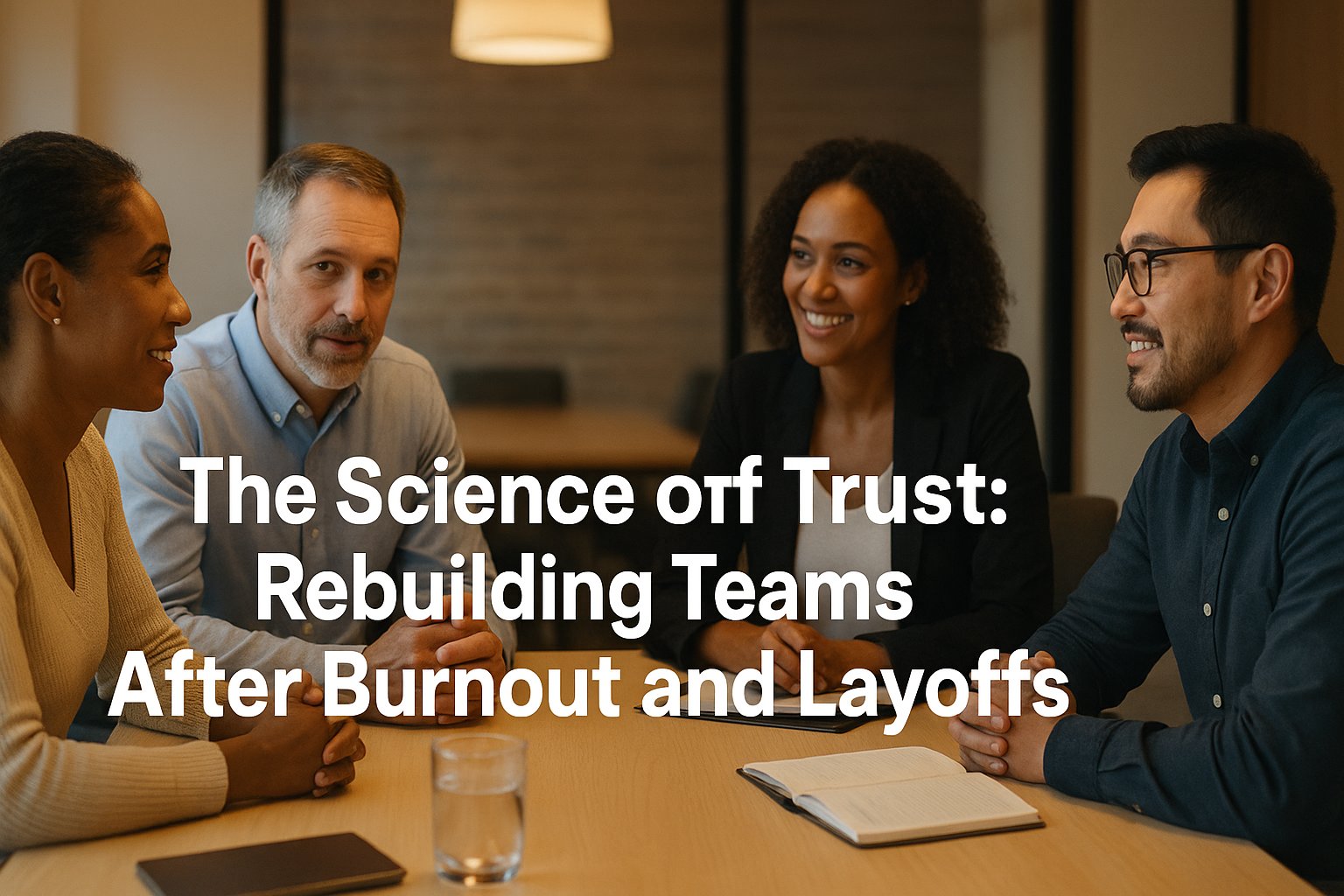 Team rebuilding workplace trust after burnout through open communication and collaboration.