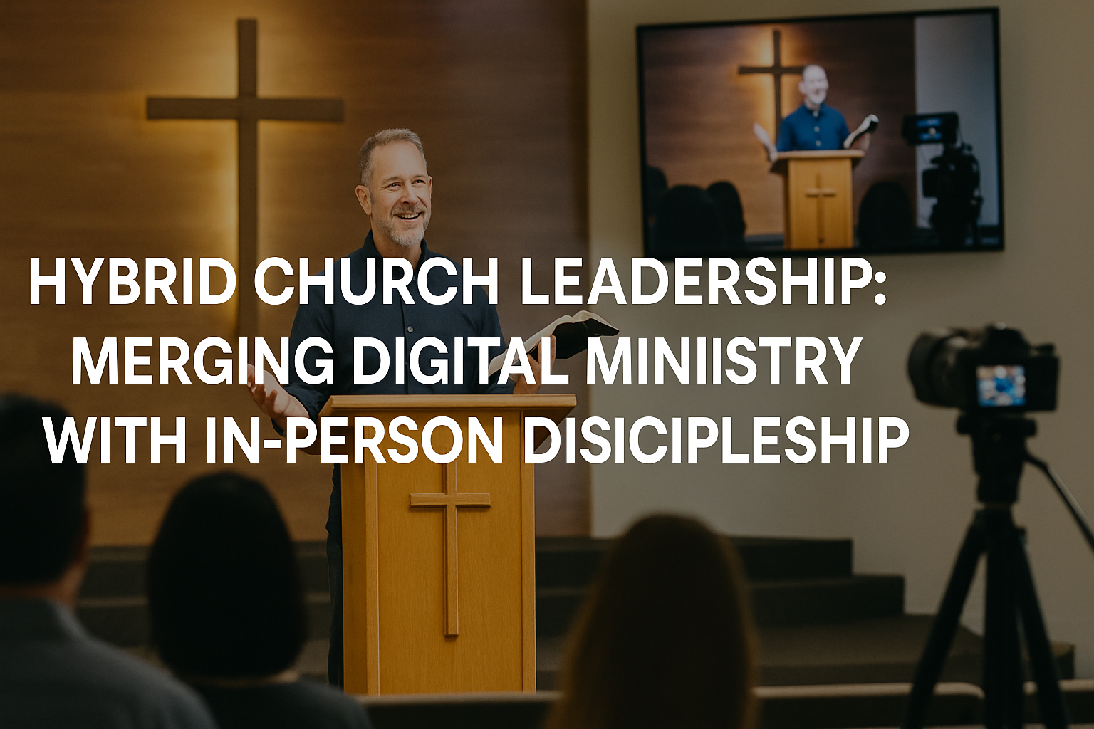Pastor leading a hybrid church service with in-person and online discipleship integration.
