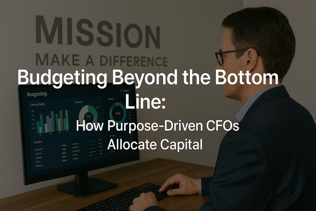 CFO reviewing budget dashboard with mission statement on wall