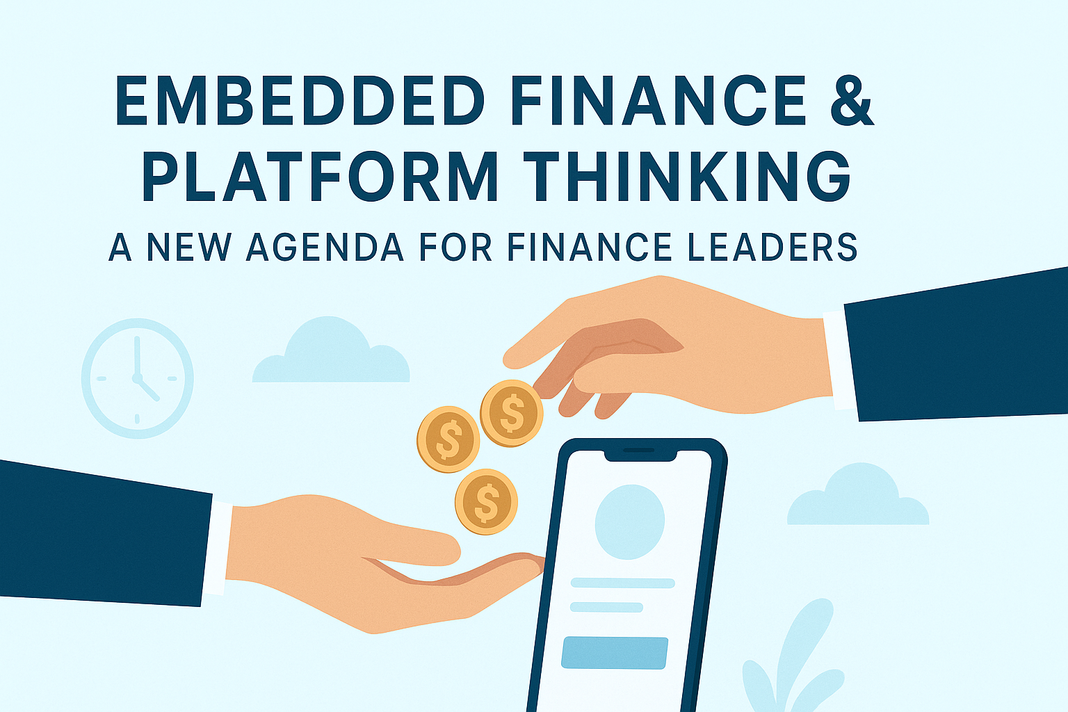 Hands exchanging coins over a mobile app illustration.