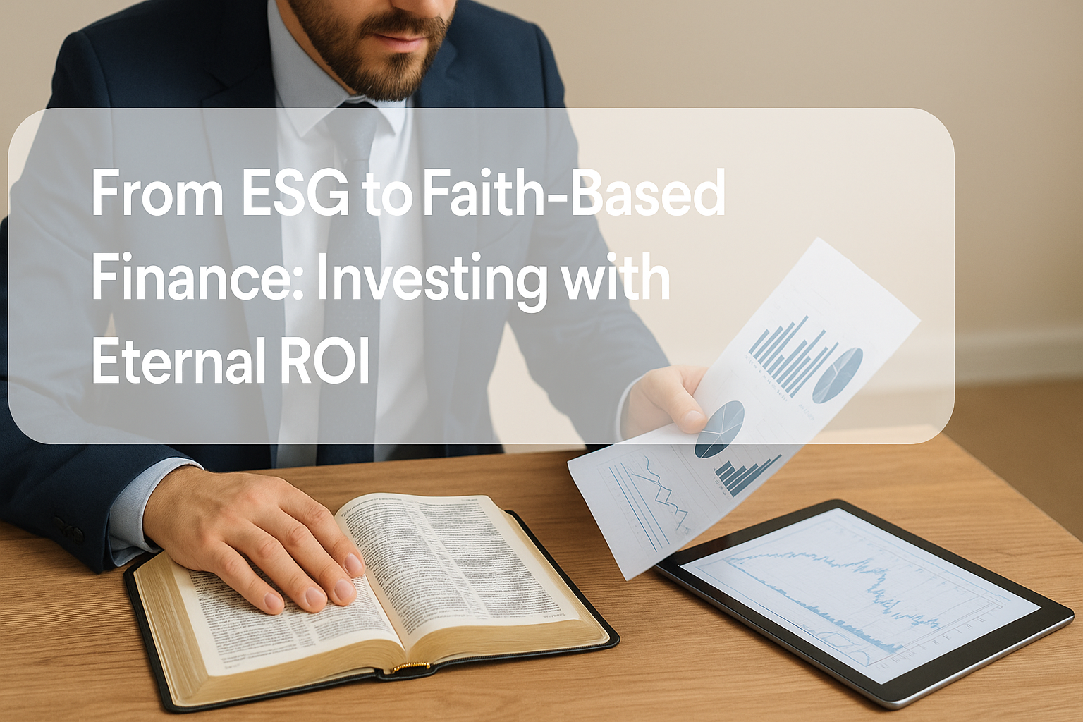 Faith-based investor analyzing ESG portfolio with Bible and financial data.