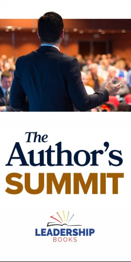 Promotional image for 'The Author's Summit' event with a speaker addressing an audience in a conference setting.