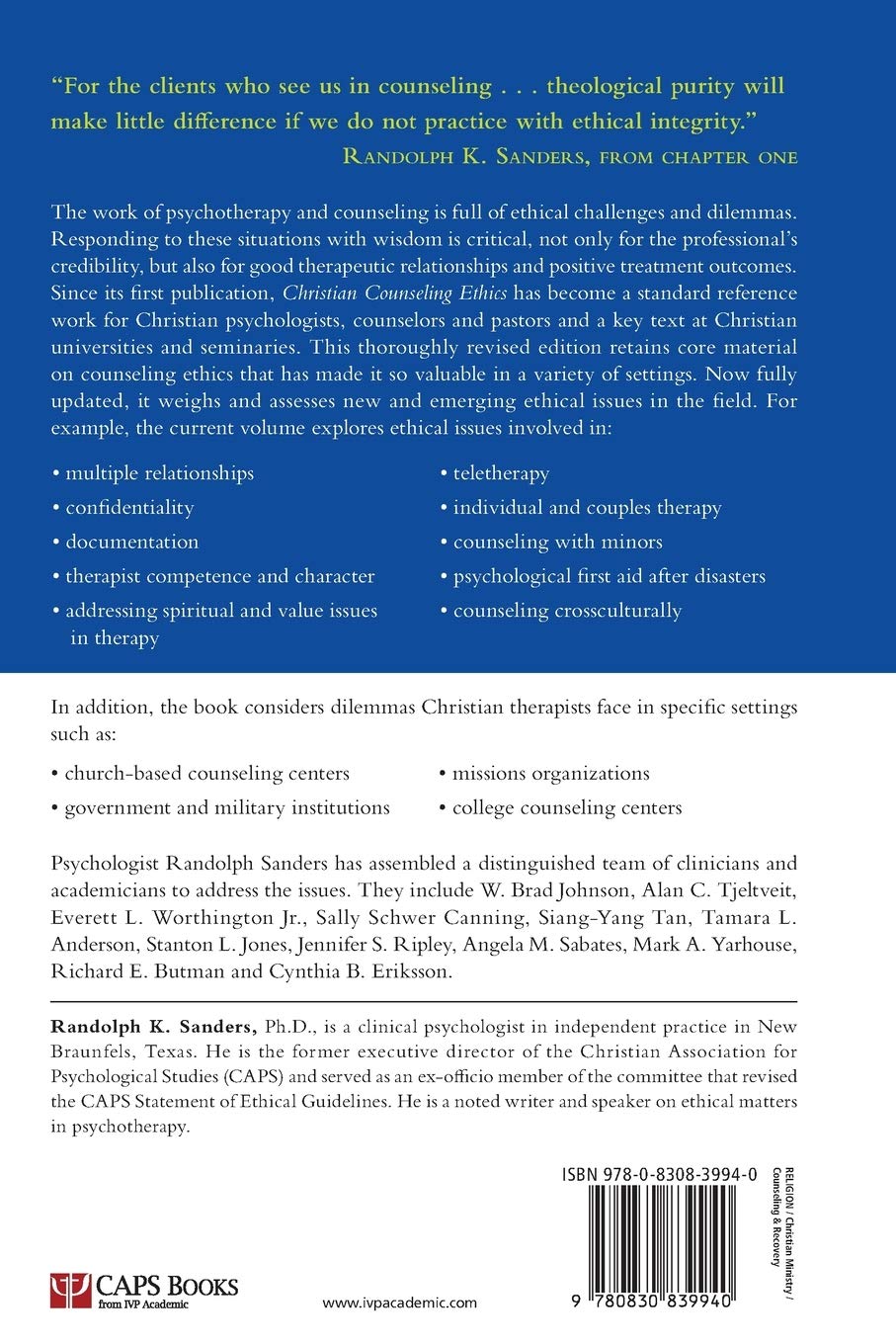 Christian Counseling Ethics: A Handbook for Psychologists, Therapists and Pastors