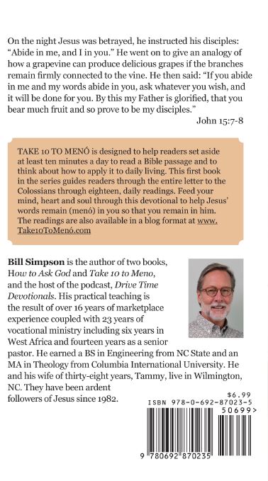 Take 10 to MenÃ³ - 10 Minute Daily Readings Thru Colossians